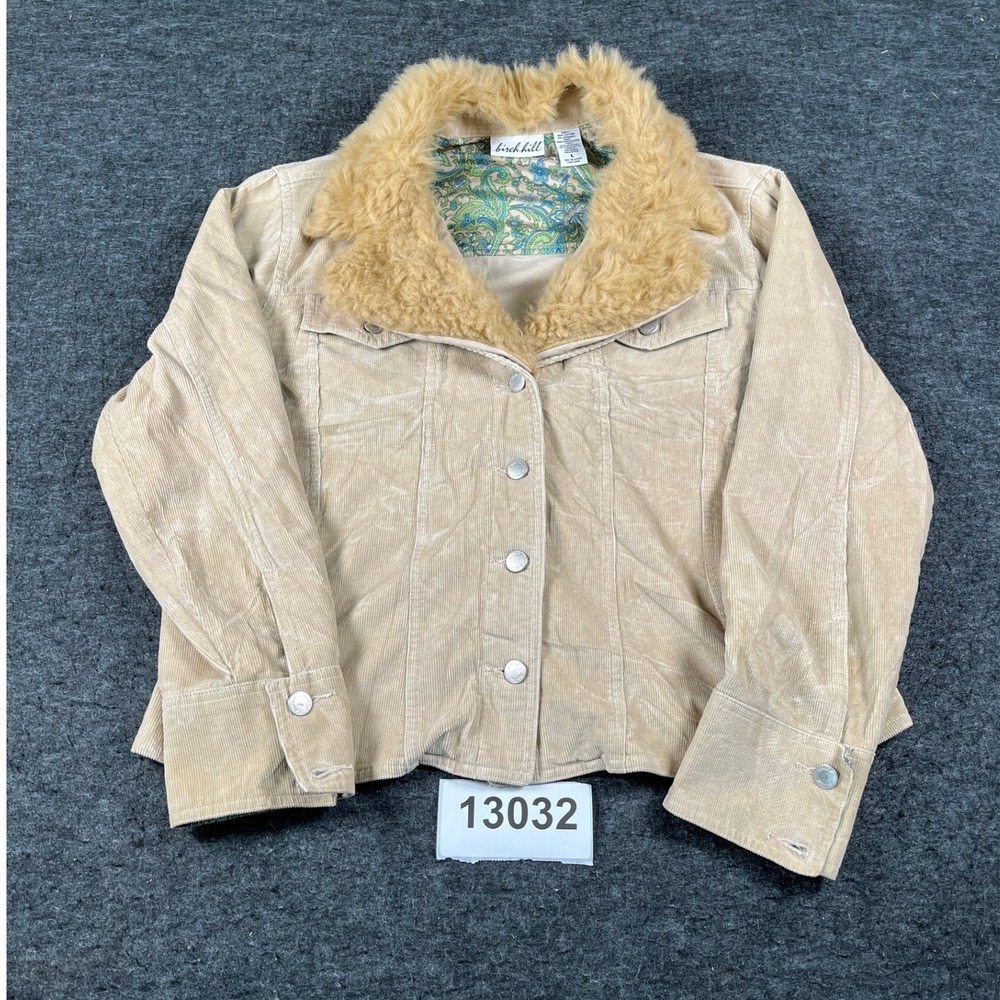 Birch Hill Corduroy Jacket Womens L Tan Good Faux Fur Collar Paisley Lining